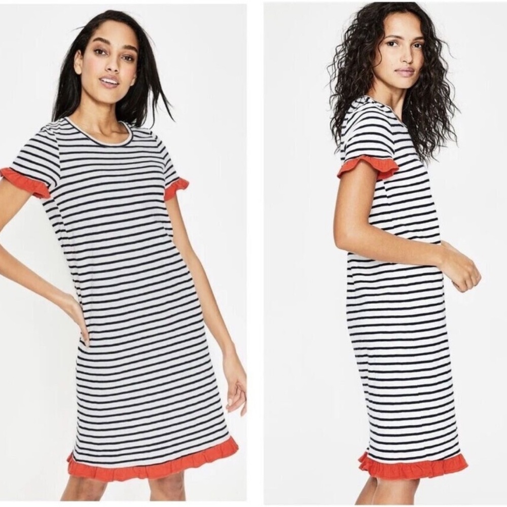 Boden Emily Dress White Striped Ruffle Short Sleeve Knee Length Size 12R